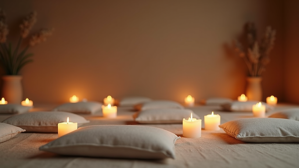 Eye-level view of a serene meditation space with cushions and candles