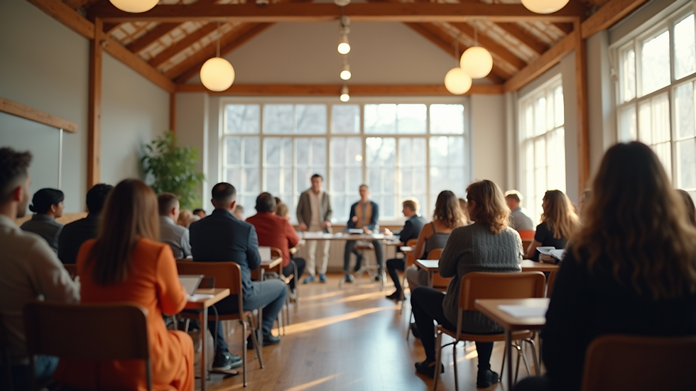 Wide angle view of a community center hosting a personal development workshop