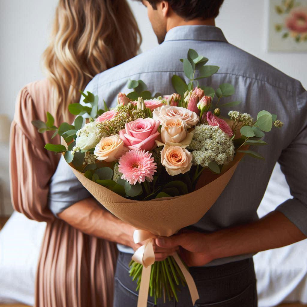 man with flowers behind his back