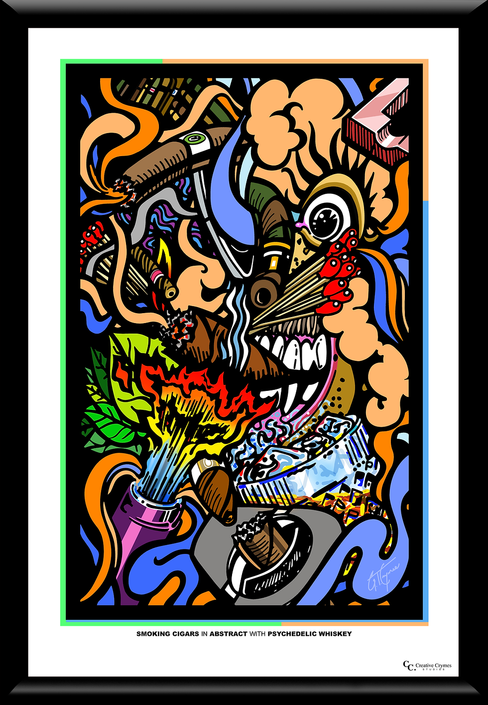 Smoking Cigars In Abstract With Psychedelic Whiskey