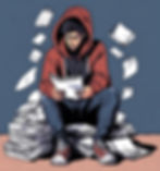 Overwhelmed student in a hoodie holding a bunch of papers and cell phone near by.jpg