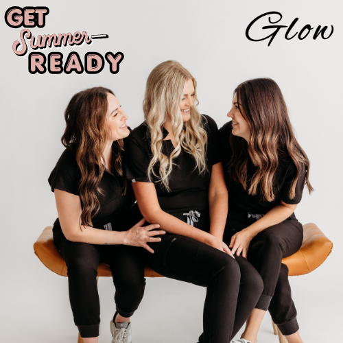 Three women in black outfits sit on a tan bench, smiling at each other. Text reads "Get Summer Ready" and "Glow" on a white background.