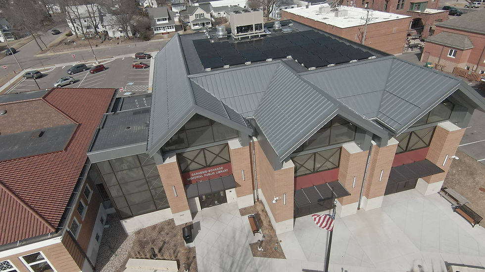 The solar panels on the Carnegie-Schadde Memorial Public Library were installed on the flat surfaces of the new addition to the library. Photo credit: John Rausch