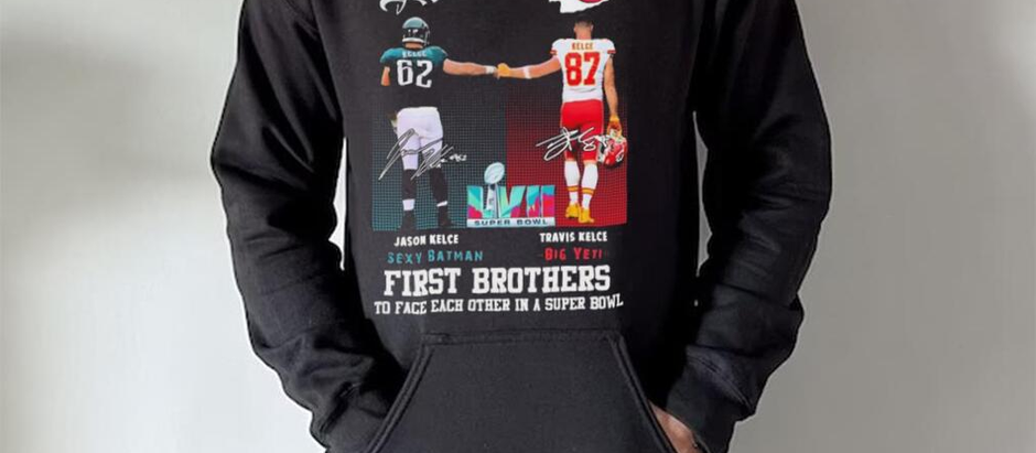 Chiefs Travis Kelce And Eagles Jason Kelce First Brothers Super Bowl LVII Signatures Shirt