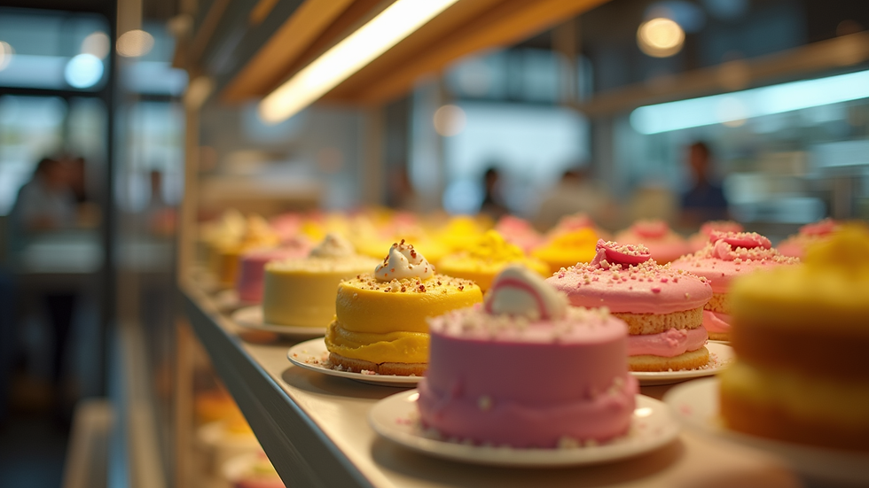 Eye-level view of a display case filled with colorful eggless cakes in a bakery