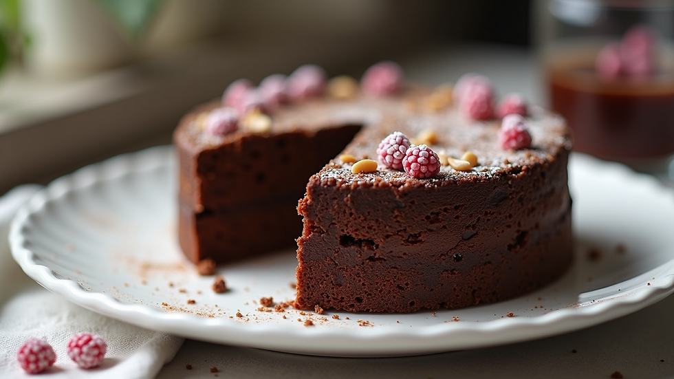 Close-up view of a beautifully decorated eggless chocolate cake on a white plate