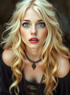 Blonde haired Goddess with large blue eyes, big lips and flushed lips in a long flowing dr