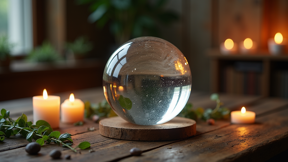 Close-up view of a crystal ball resting on a wooden table