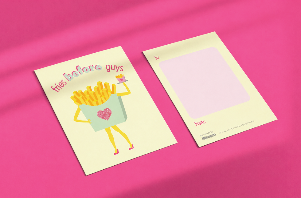 “Fries before guys” Valentine card with illustrated fries character and glitter heart, shown with back side on bright pink background