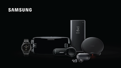 Samsung mobile accessories catalog cover featuring Galaxy devices on a dark background