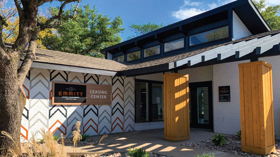 Emmitt leasing center exterior with patterned facade and branded entry