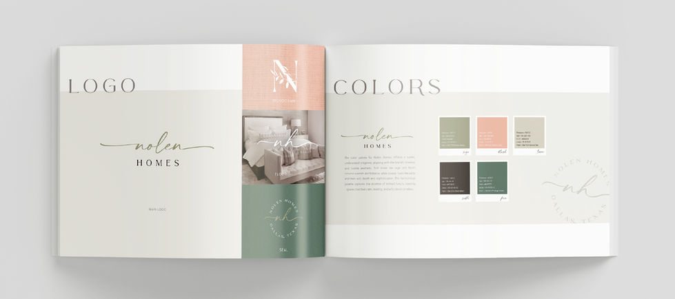 Nolen Homes brand guidelines spread showing logo system, color palette, and supporting imagery in a clean editorial layout