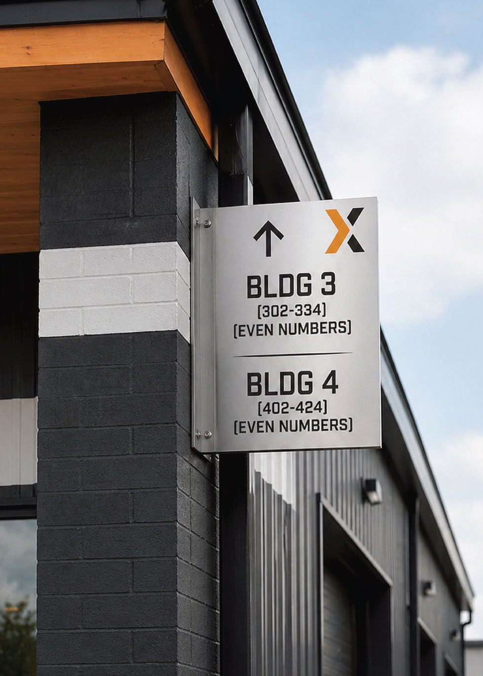Exchange building signage indicating building numbers and directional information