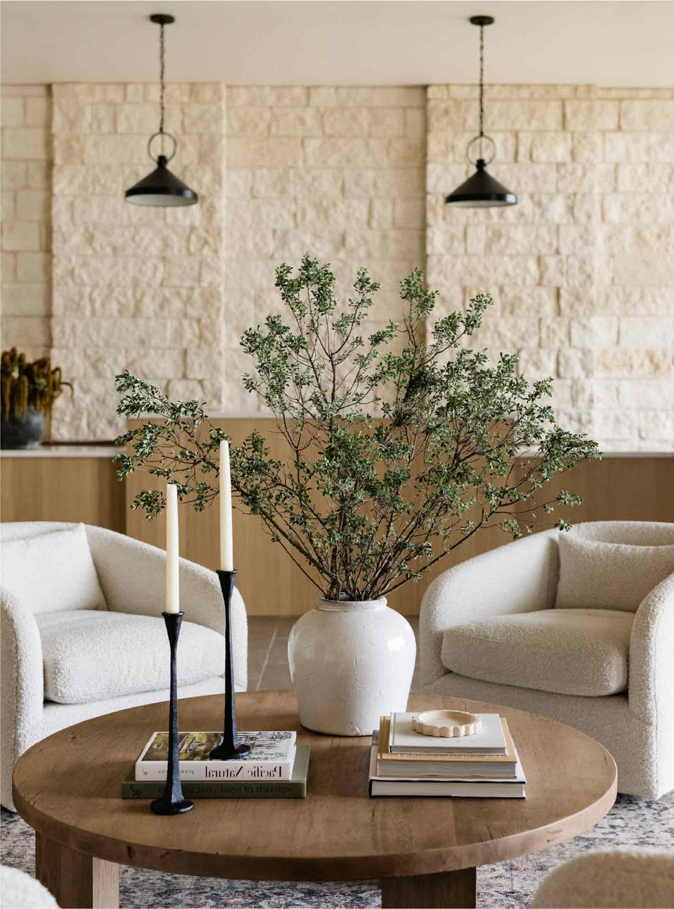 Interior living space styled with neutral tones and natural textures
