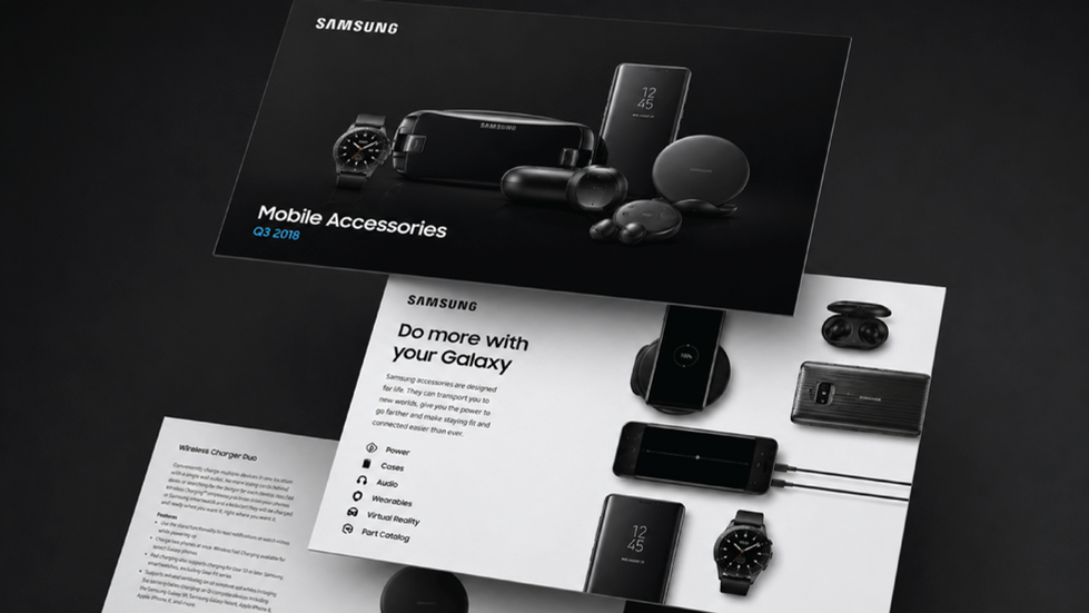 Samsung mobile accessories catalog shown in presentation layout with multiple pages and devices