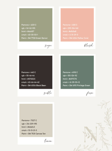 Nolen Homes color palette featuring soft green, blush, charcoal, and neutral tones with labeled swatches and brand specifications
