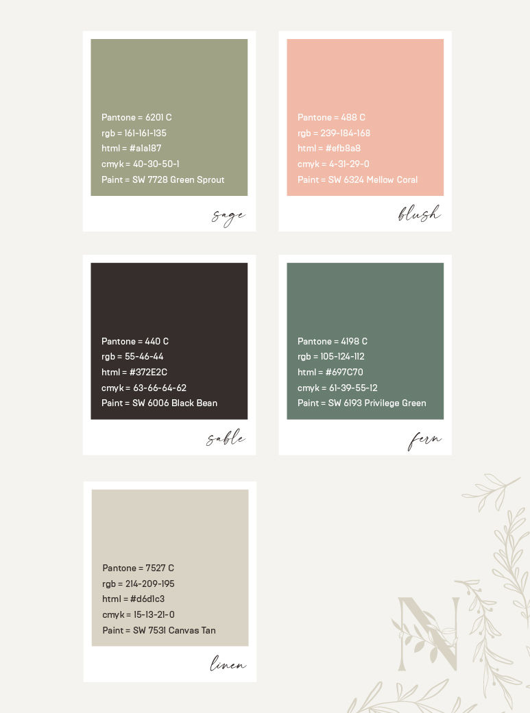 Nolen Homes color palette featuring soft green, blush, charcoal, and neutral tones with labeled swatches and brand specifications