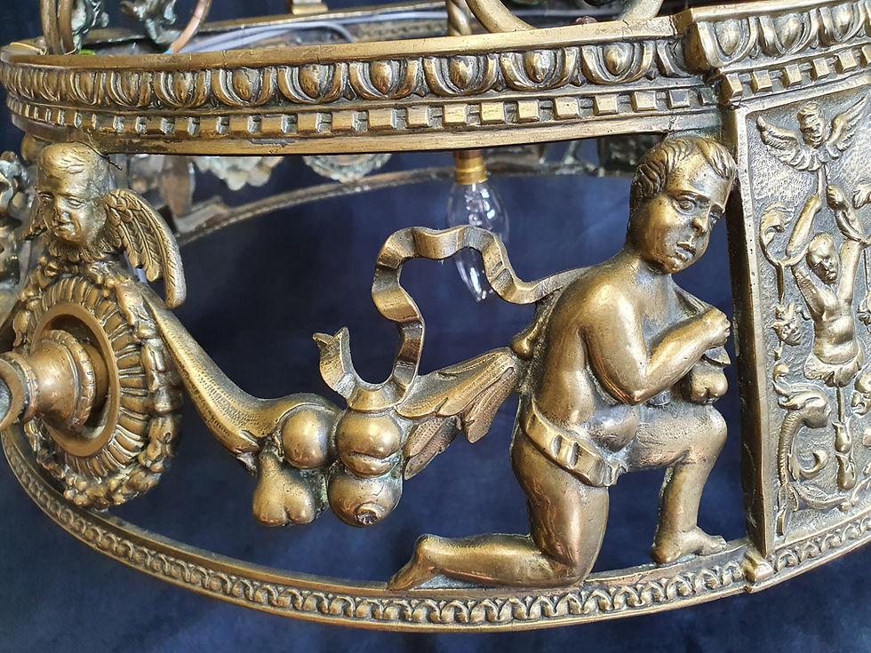Thumbnail: Edwardian brass 4 light chandelier with cherubs