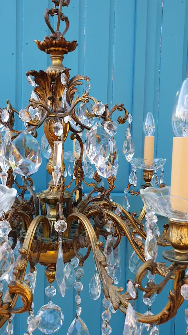 Thumbnail: Early 20th Century French 10 Arm Gilt Brass Chandelier 31"
