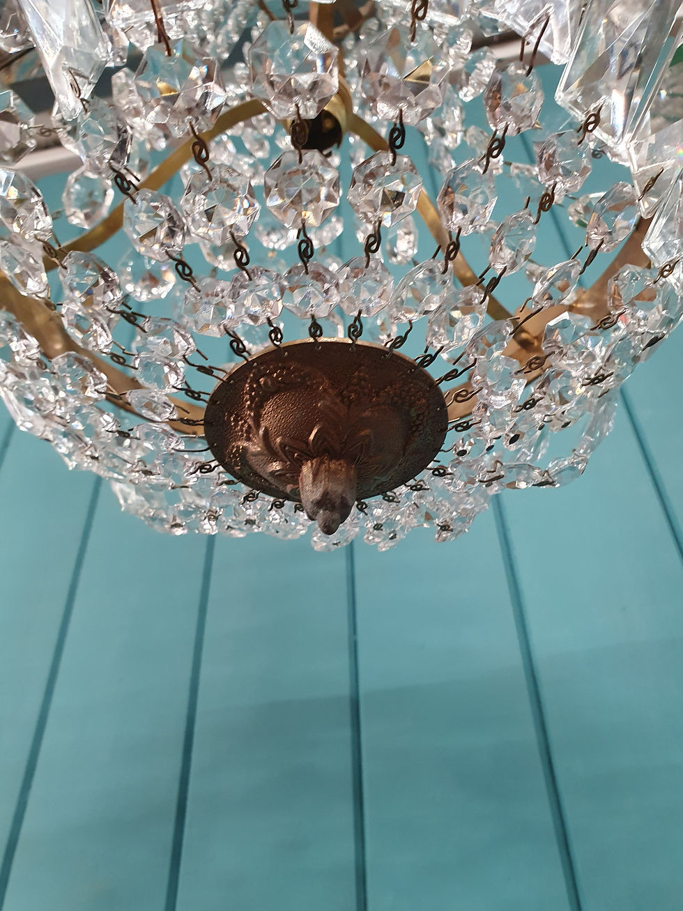 Thumbnail: Cut Glass Crystal Tent and Bag Chandelier with Brass Mounts 12"