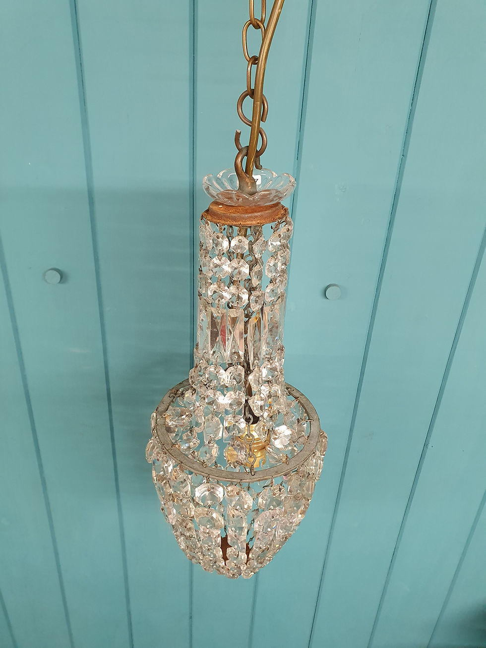 Thumbnail: Small Antique Cut Glass Crystal Tent Chandelier 6"