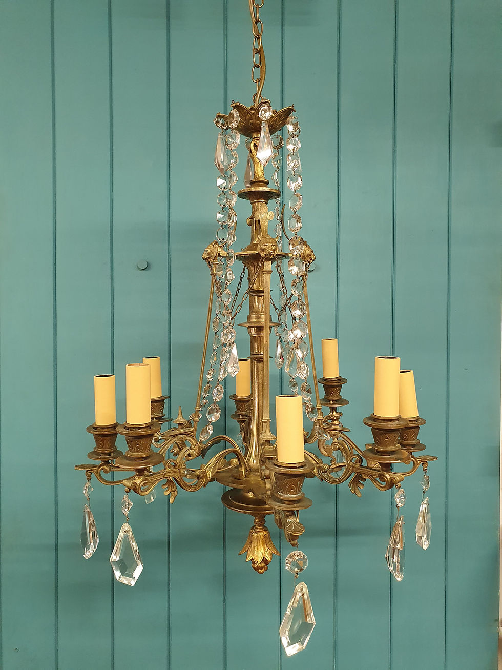 Thumbnail: Circa 1900 Eight Arm Brass & Cut Glass Crystal Chandelier with Lion Masks 21"