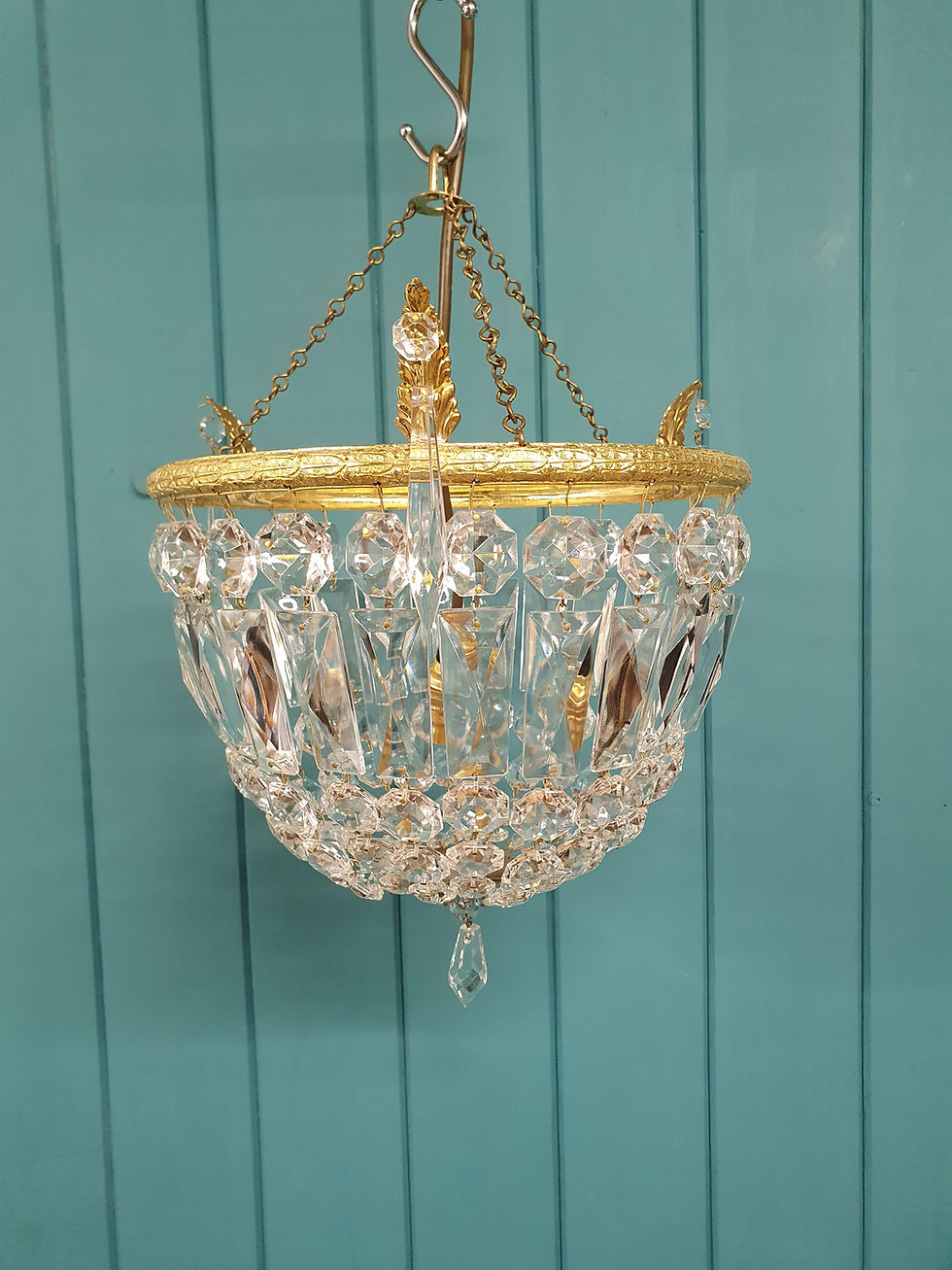Thumbnail: Early 20th century bag chandelier with coffin prisms 11"