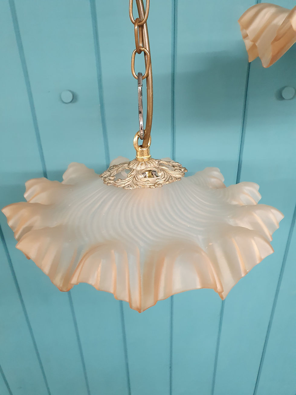 Thumbnail: Pair of Antique French frilly glass pendant 11"
