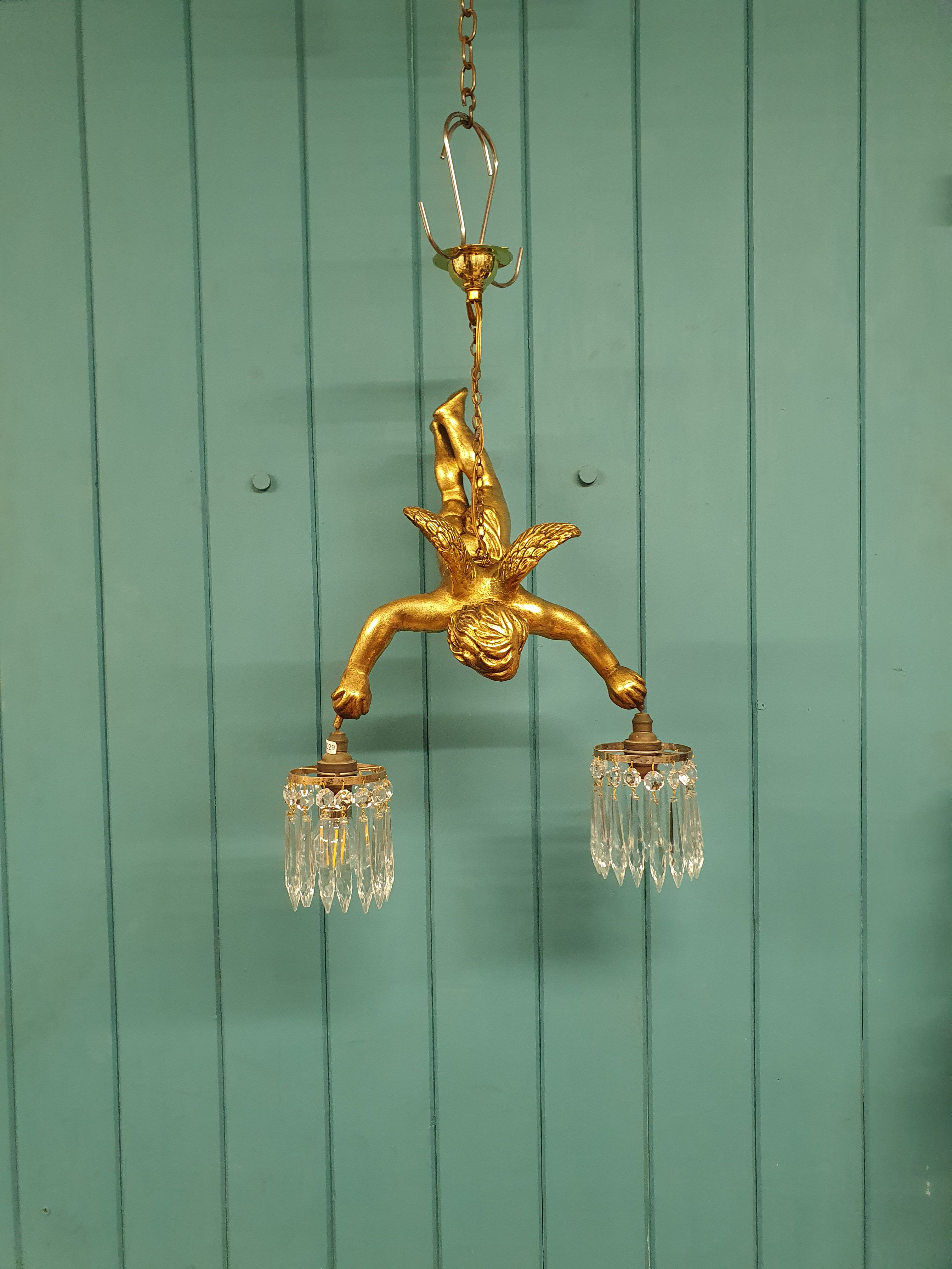 Antique Gilt Spelter Flying Cherub Two Cut Glass Crystal Spike Chandeliers 14"