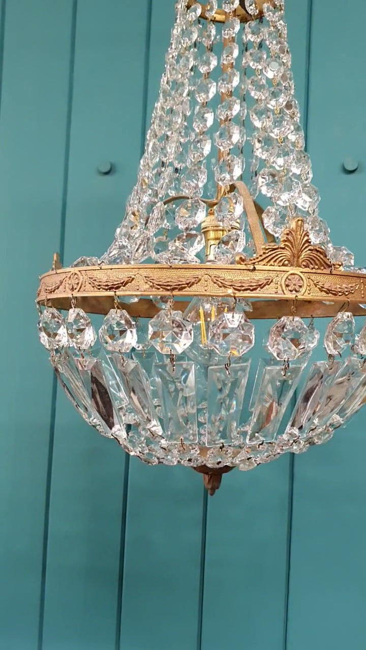 Thumbnail: Cut Glass Crystal Tent and Bag Chandelier with Brass Mounts 12"
