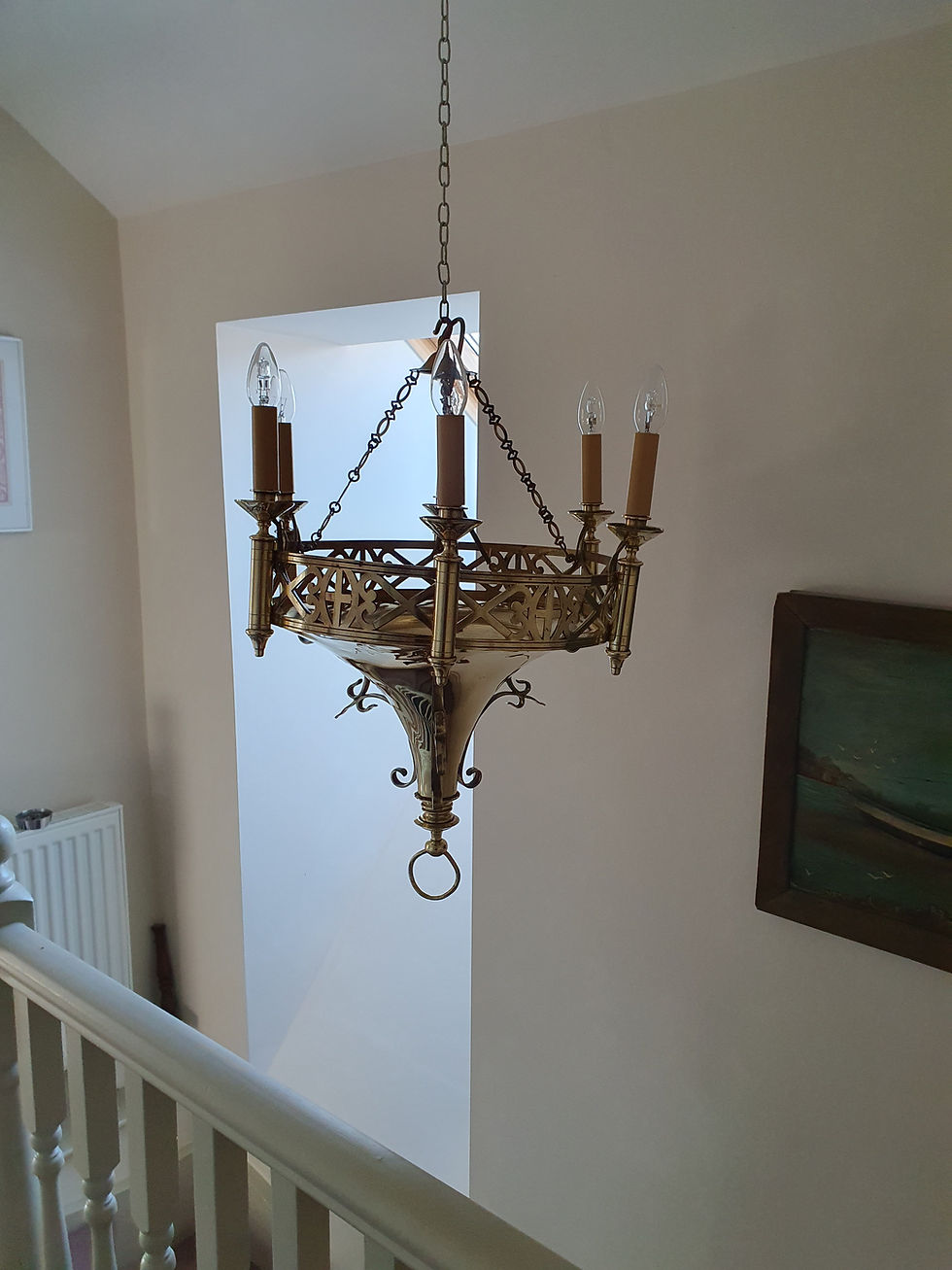 Thumbnail: Early 20th century Gothic style brass chandelier 21"