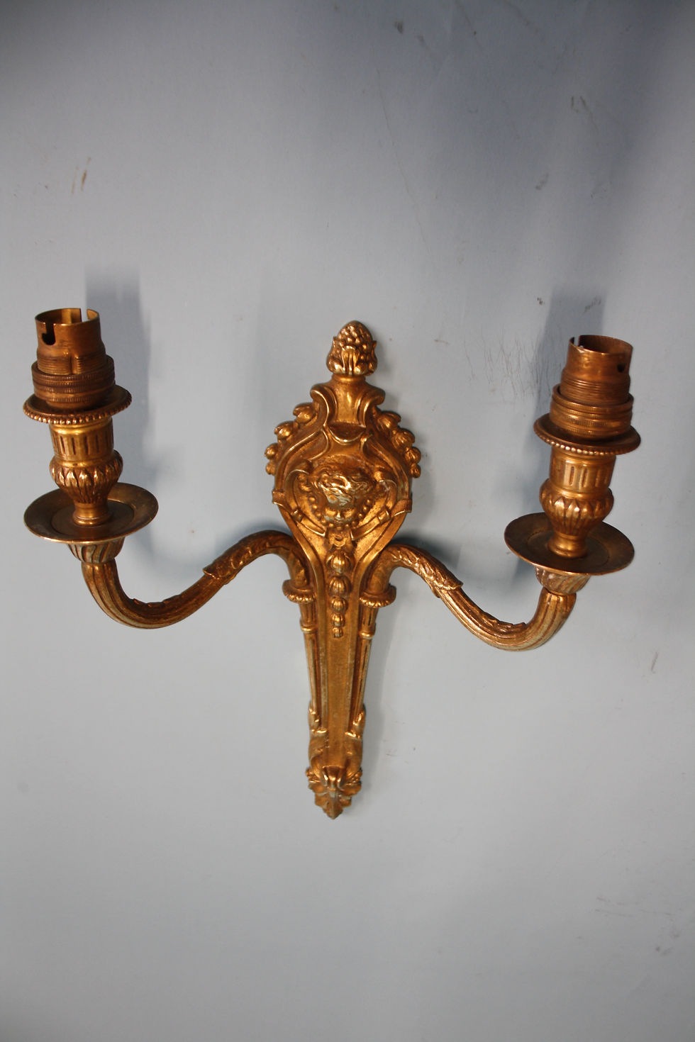 Thumbnail: Early 20th century pair of brass wall lights with cherubs