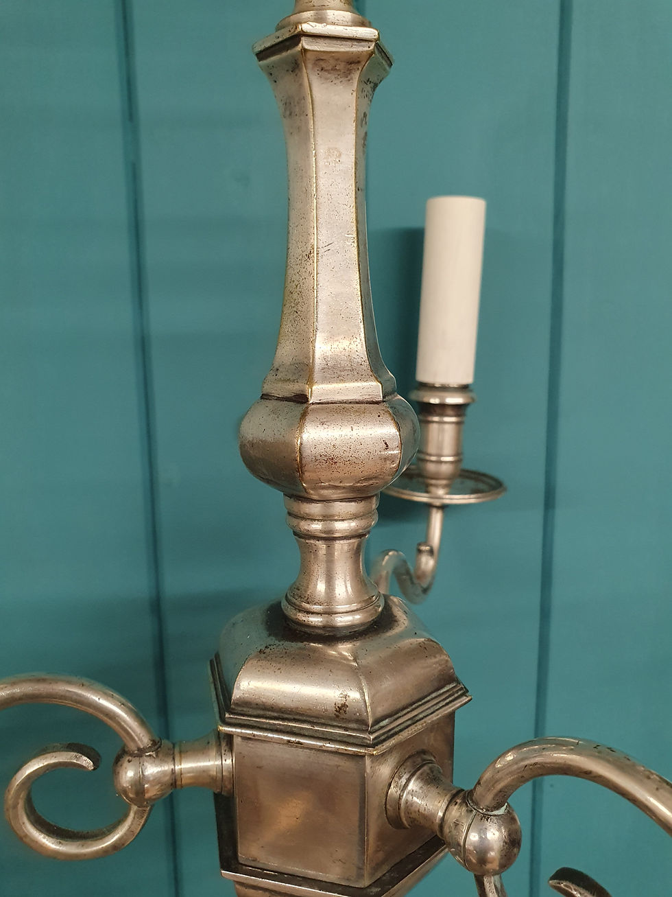 Thumbnail: Pair of Early 20th Century Nickel Silver Three-Arm Chandeliers 15"