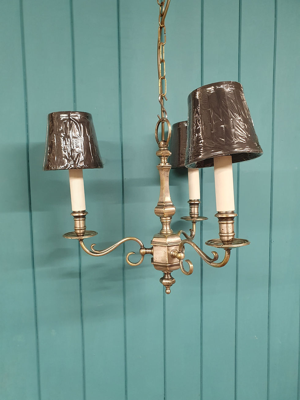 Thumbnail: Pair of Early 20th Century Nickel Silver Three-Arm Chandeliers 15"