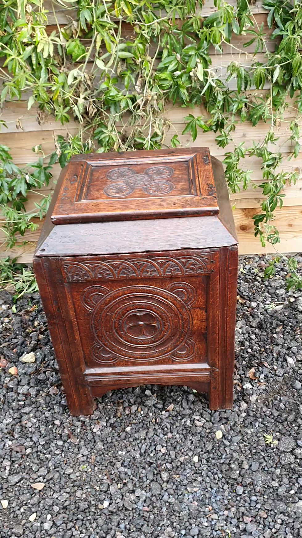 Thumbnail: Unusual Oak log bin, made from pieces of 17th-century timber