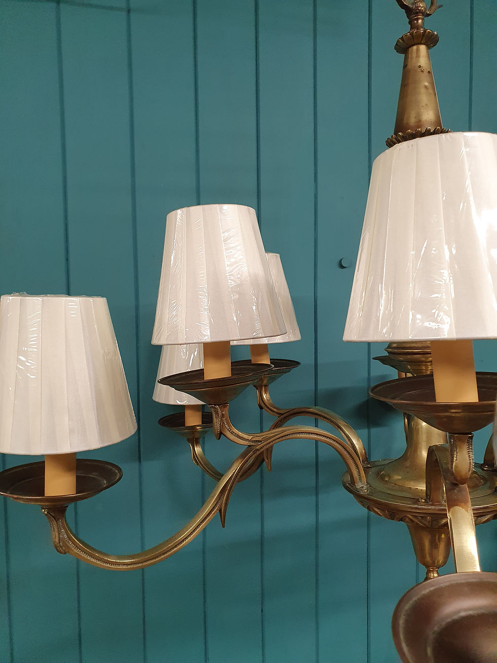Thumbnail: Large Antique 12 Arm Brass Chandelier 36"