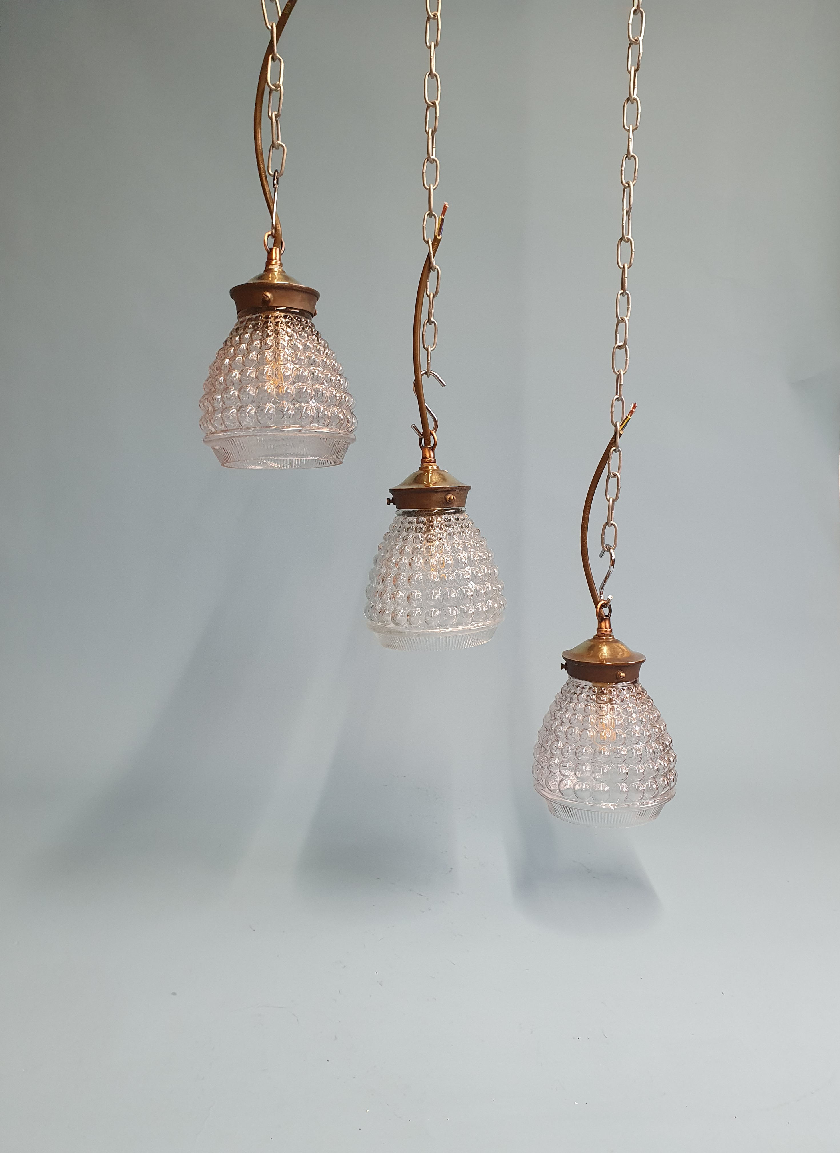 Set of three glass and brass pendants 5"