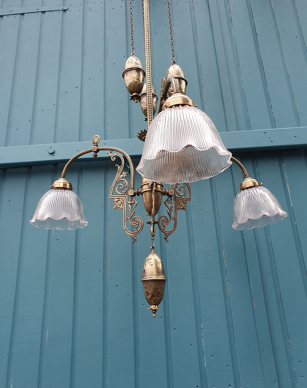 Thumbnail: Antique Brass Rise and Fall Chandelier with Glass Shades