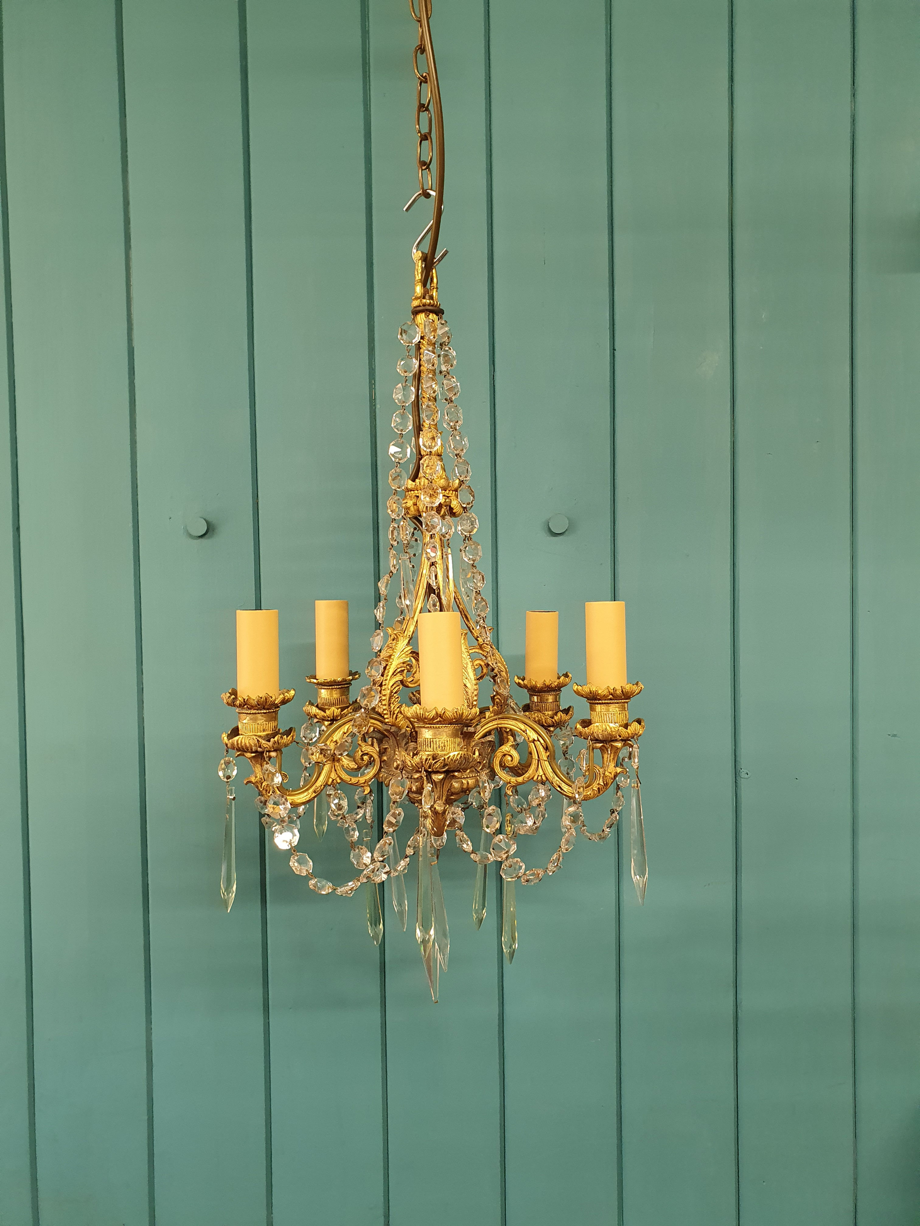 Early 20th century small five arm chandelier with swag and drips 12"