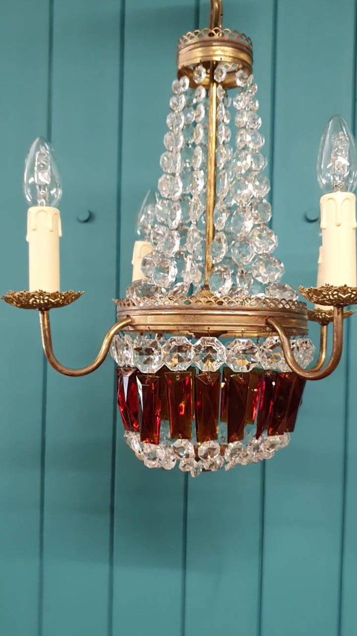 Thumbnail: Early 20th century French chandelier with ruby coloured prisms 16"