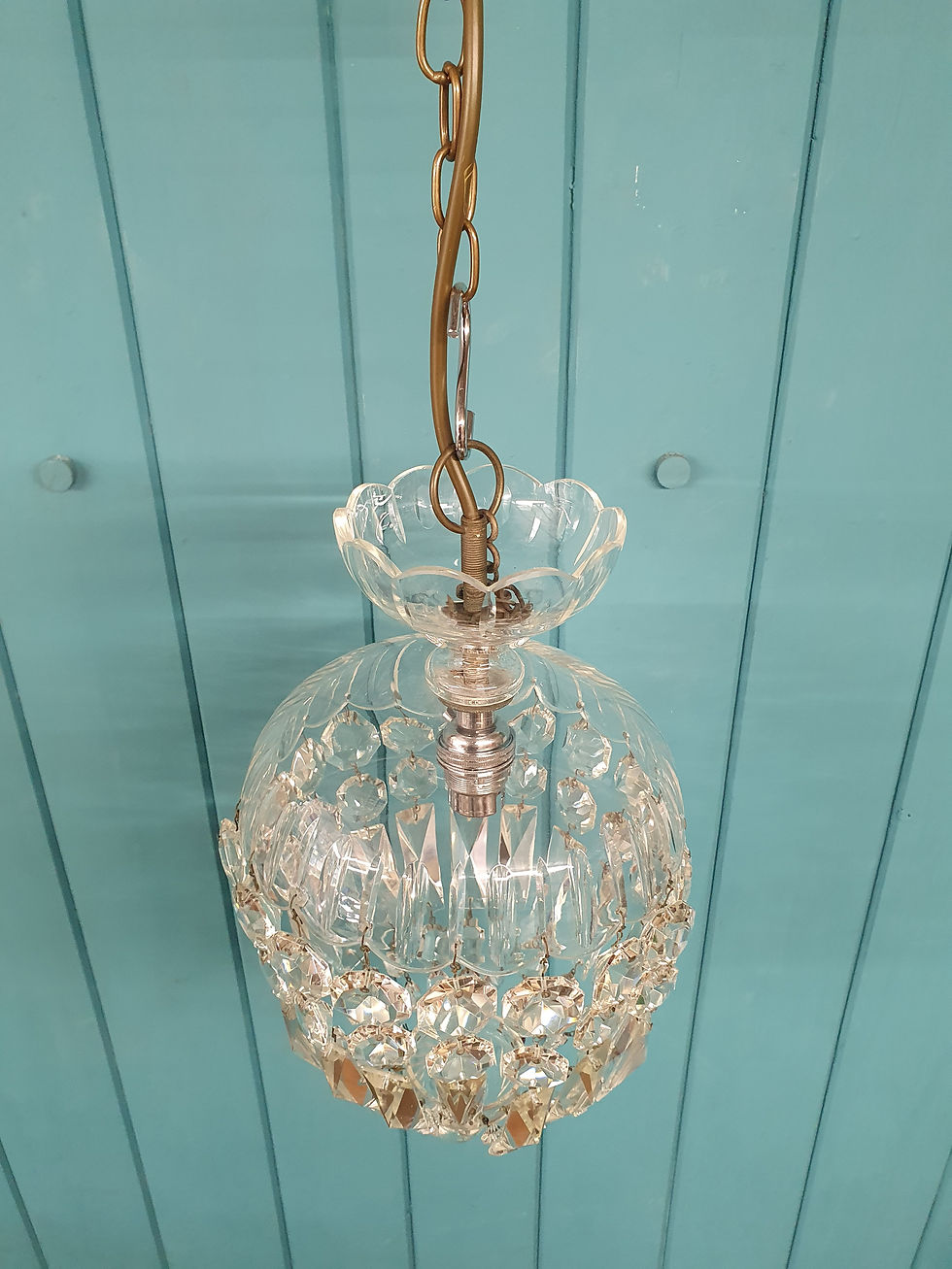 Thumbnail: Antique Brass & Cut Glass Dome Top Chandelier with Crystal Prisms 8"