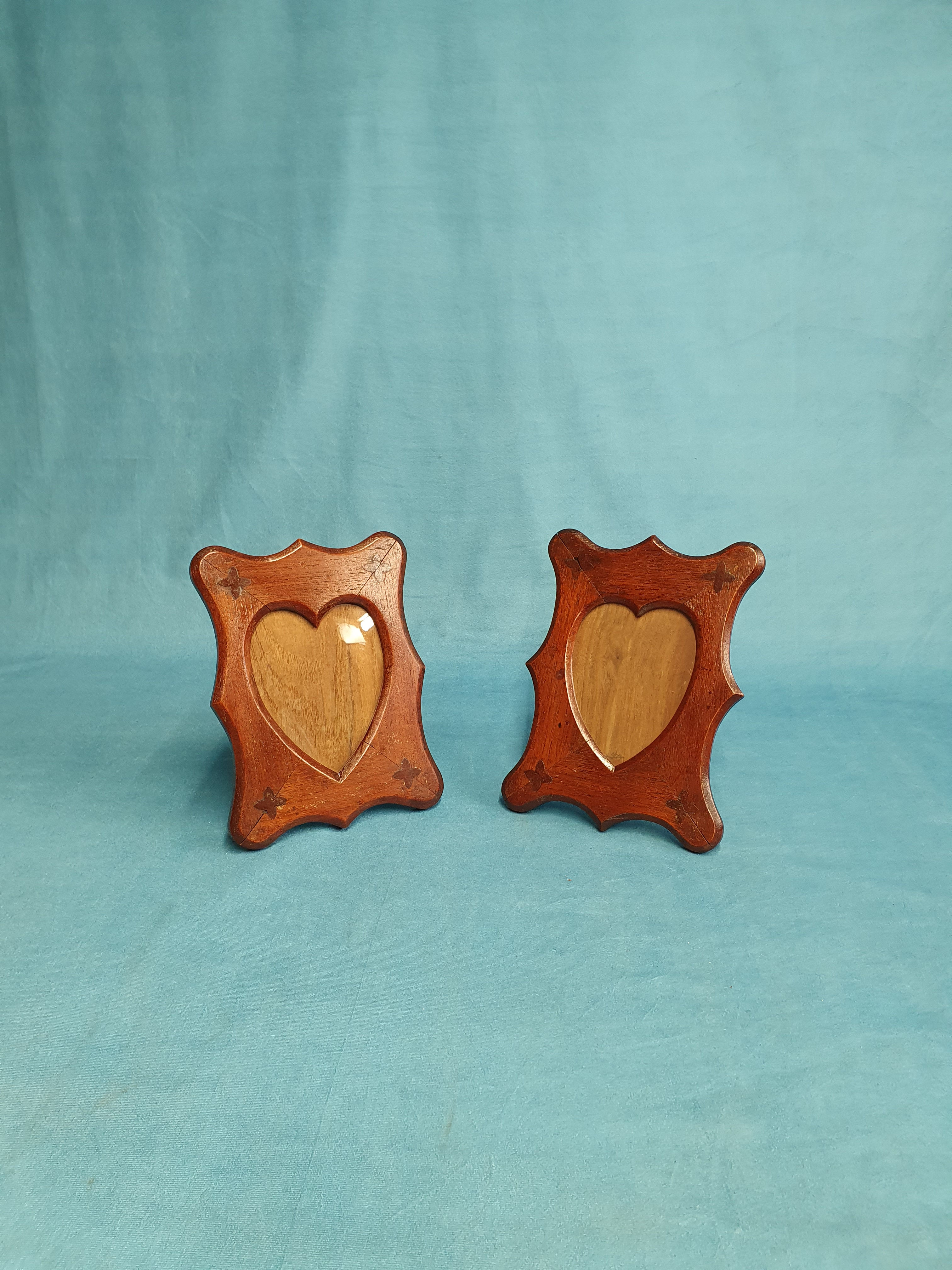 Pair of heart shaped walnut photograph frames
