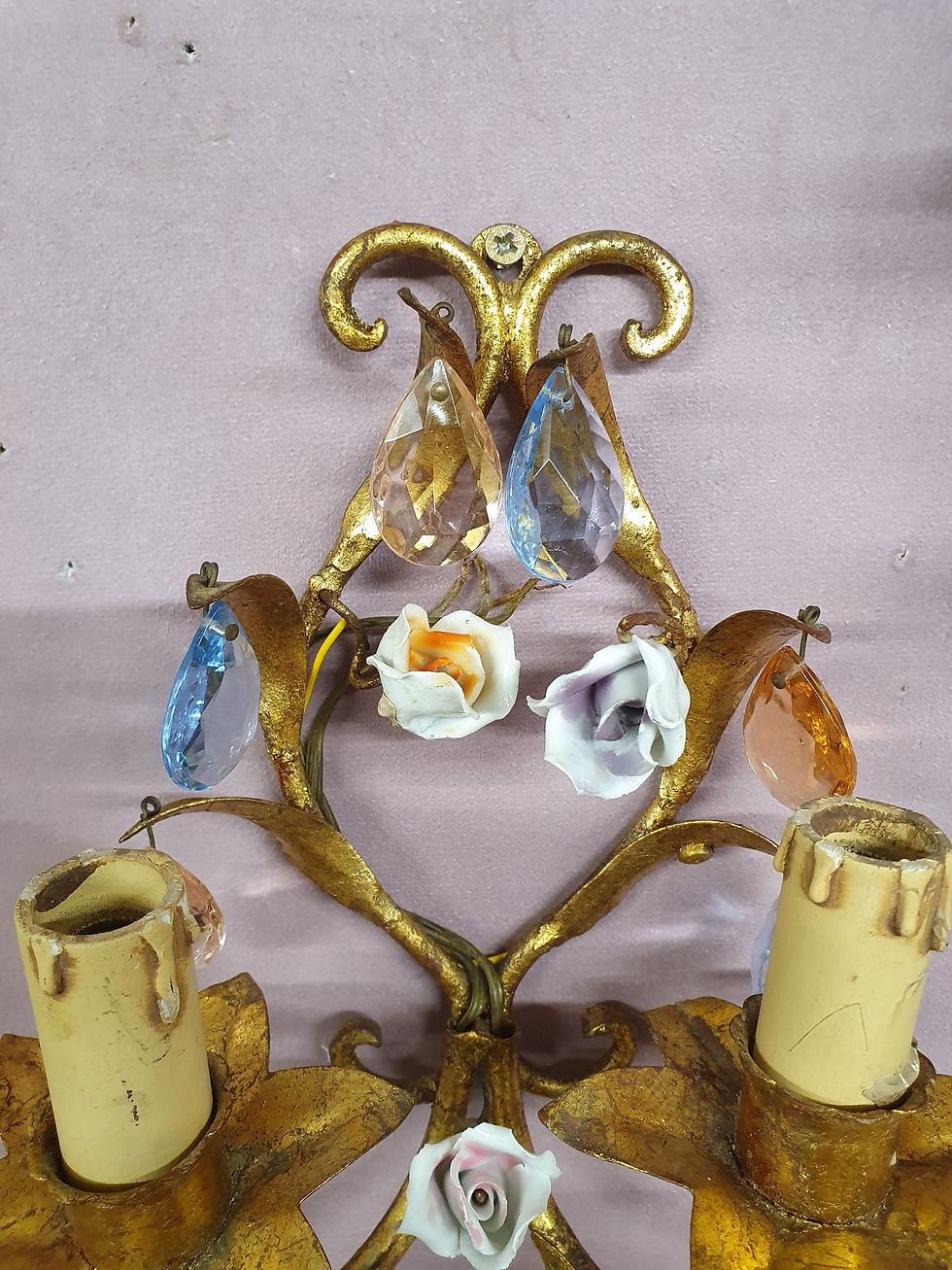 Thumbnail: French gilt chandeliers and wall lights with porcelain flowers 16"