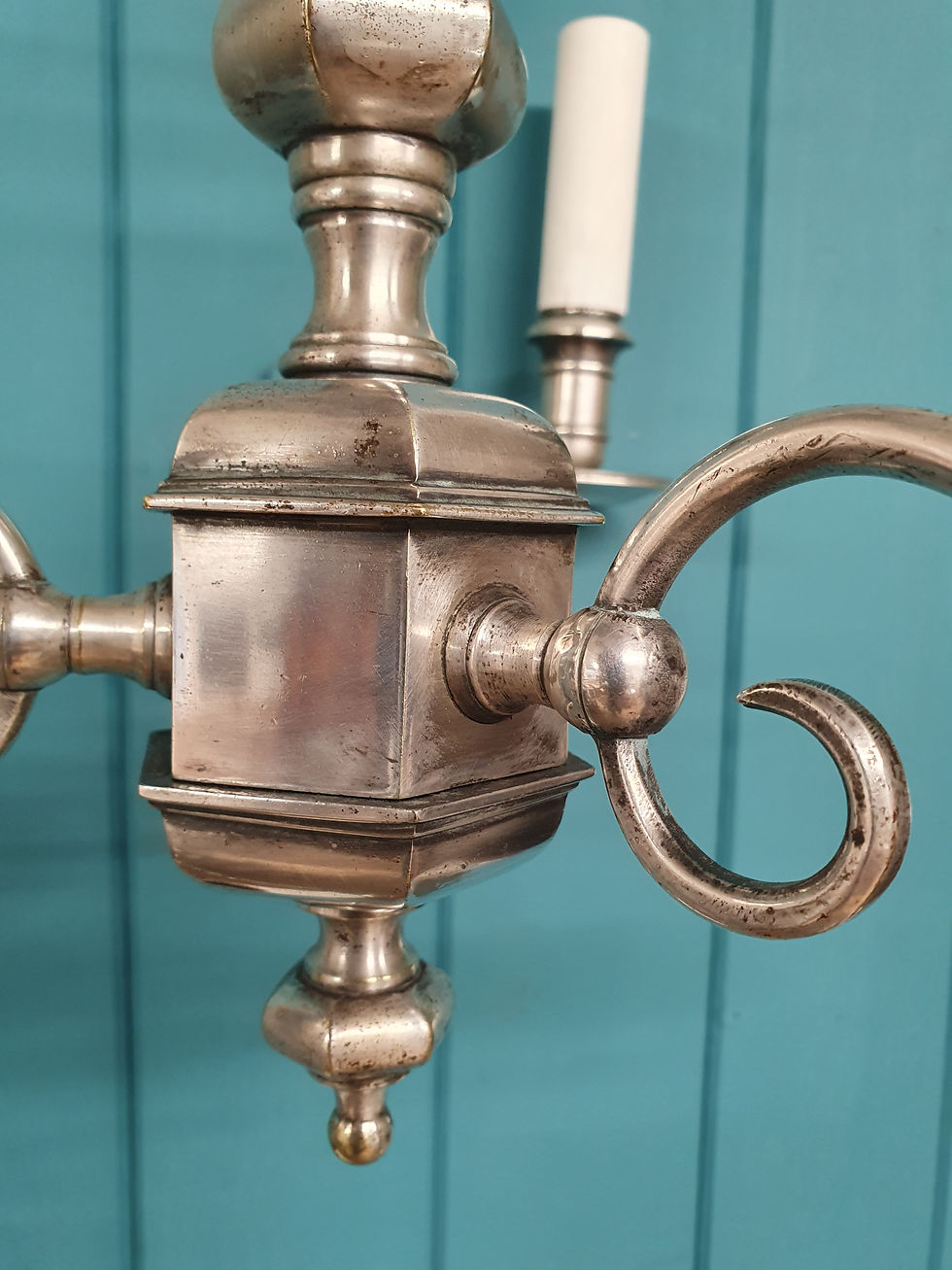 Thumbnail: Pair of Early 20th Century Nickel Silver Three-Arm Chandeliers 15"