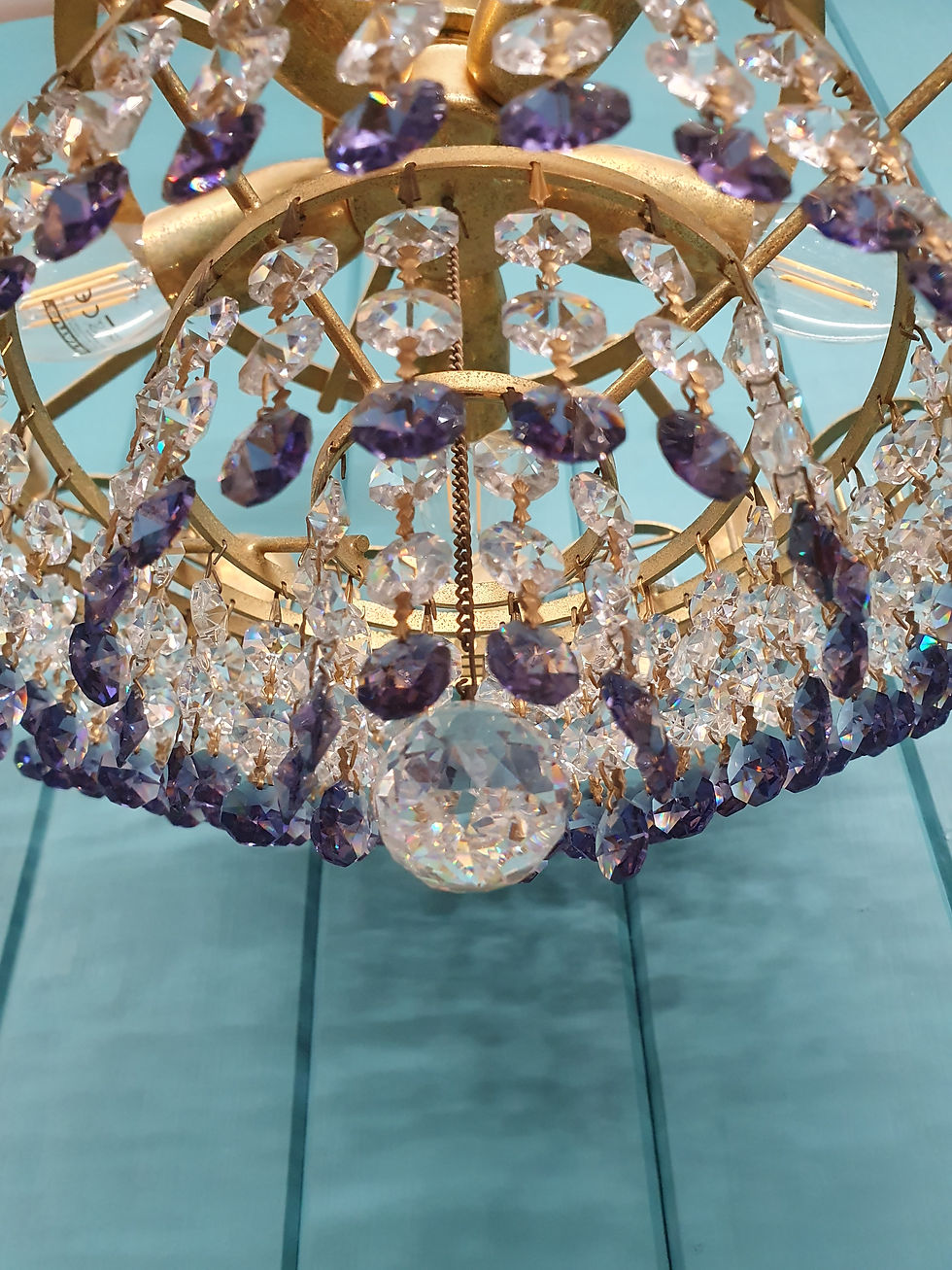 Thumbnail: Mid 20th century brass and glass chandelier with purple drips 15"