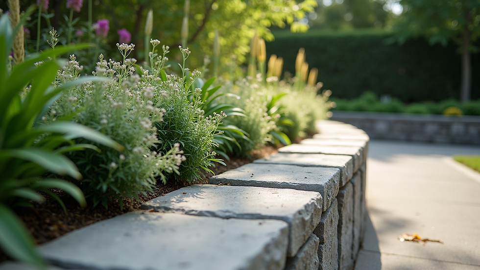 Close-up view of a retaining wall with native plants and permeable stone design