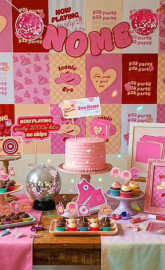 Decoração temática Anos 2000 estilo Y2K Pop Party com papelaria personalizada autoral Meaning