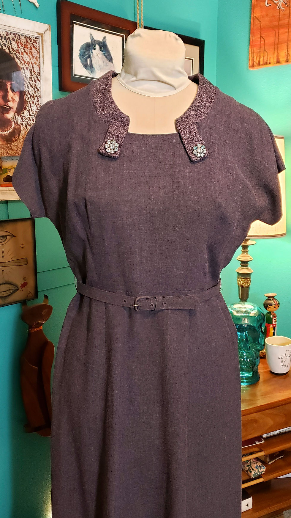 Thumbnail: 1940s Clayton purple and gray heathered day dress with notched collar