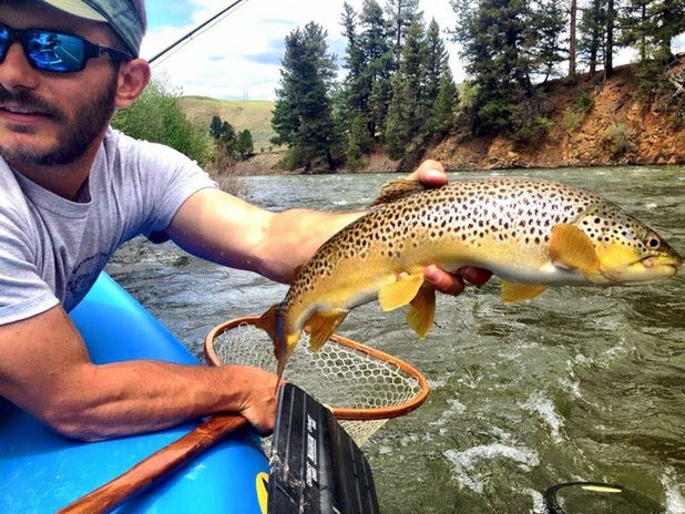 Photo of a fly fisherman holding a huge trout he caught.