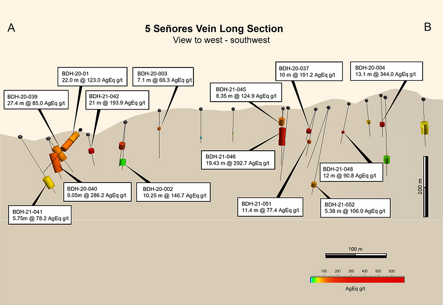 Mercado Minerals 5 senores silver vein long section map with silver results